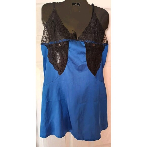 Slip Chemise Lingerie Size XL Blue Black Lace Bodice  Satin Nightie Dress - Picture 1 of 7